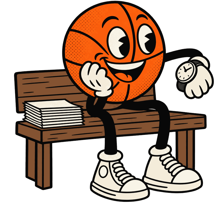The mascot waiting on a bench, checking its watch